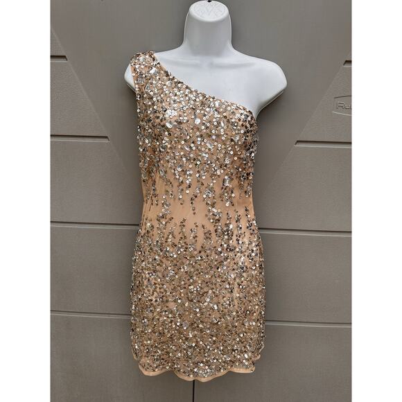 Mac Duggal 10977 Nude One Shoulder Asymmetric Sheer Hand Beaded Mini Dress Sz 12 - Picture 4 of 16